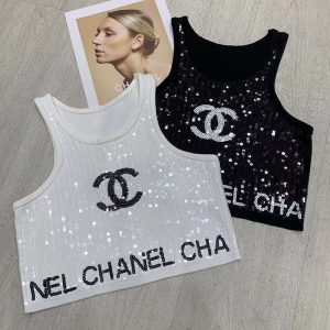 Replica Designer Chanel Women Double C Letters Sequins Ice Silk Sleeveless Camisole