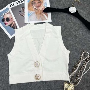 Replica Designer Chanel Women Double C Letters Solid Color V-Neck Knitted Camisole