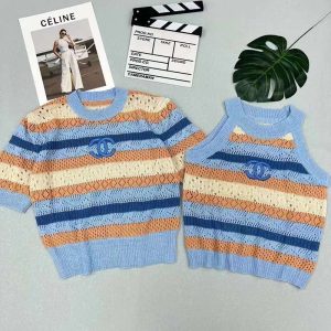 Replica Designer Chanel Women Double C Letters Stripe Color Matching Short-Sleeved Sweater