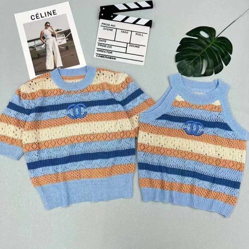 Replica Designer Chanel Women Double C Letters Stripe Color Matching Short-Sleeved Sweater