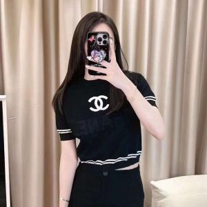 Replica Designer Chanel Women Double C Letters Stripe Jacquard Ice Silk Knitted Top