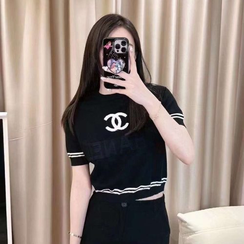 Replica Designer Chanel Women Double C Letters Stripe Jacquard Ice Silk Knitted Top