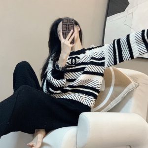 Replica Designer Chanel Women Double C Letters Stripe Round Neck Sweater