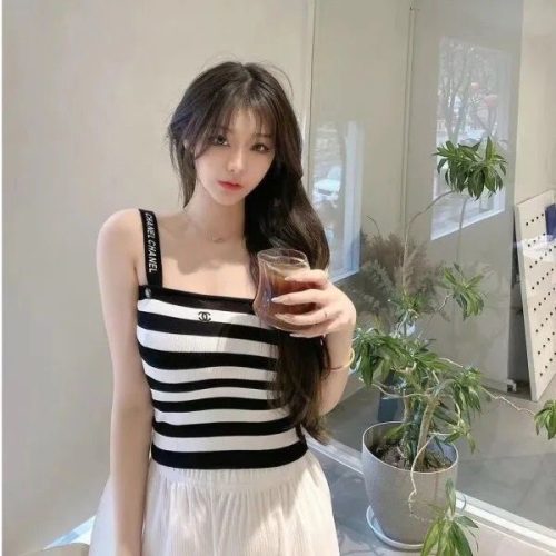 Replica Designer Chanel Women Double C Letters Stripe Sleeveless Knitted Camisole