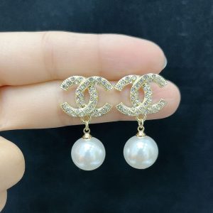 Replica Designer Chanel Women Double C Rhinestone Pearl Earrings