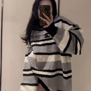 Replica Designer Chanel Women Double C Thickened Pullover Round Neck Stripe Sweater