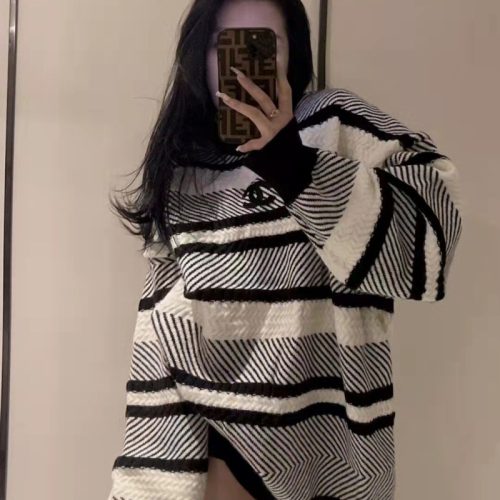 Replica Designer Chanel Women Double C Thickened Pullover Round Neck Stripe Sweater