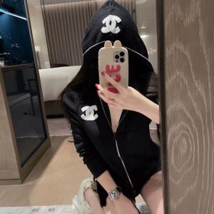 Replica Designer Chanel Women Double Zipper Knitted Hooded Coat