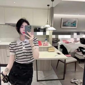Replica Designer Chanel Women Embroidered Love Polo Collar Hollow Stripe Short-Sleeved Knitted Sweater