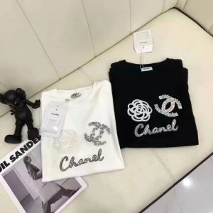 Replica Designer Chanel Women Fashion Bead Decoration Short-Sleeved Round Neck T-Shirt