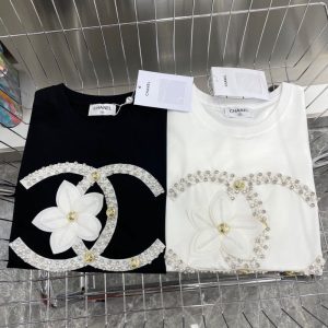 Replica Designer Chanel Women Fashion Beaded Floral Metal Buckle Short-Sleeved Top