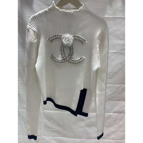 Replica Designer Chanel Women Fashion Beaded Pullover Long Sleeve Split Sweater