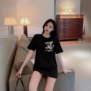 Replica Designer Chanel Women Fashion Black Printing Short-Sleeved Shirt