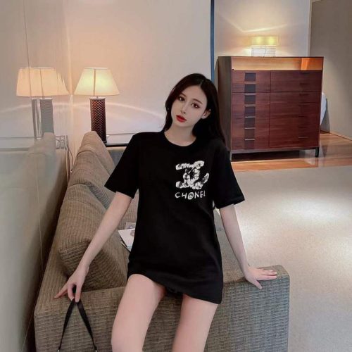 Replica Designer Chanel Women Fashion Black Printing Short-Sleeved Shirt