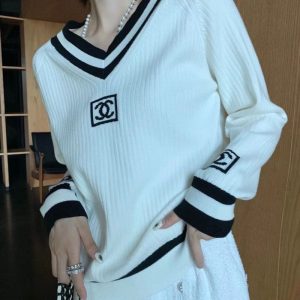 Replica Designer Chanel Women Fashion Black White Contrast Color Jacquard Sweater