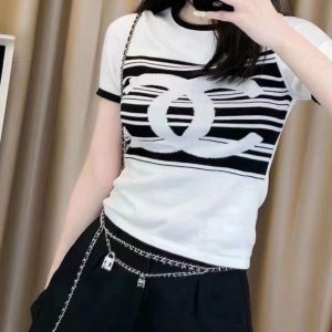 Replica Designer Chanel Women Fashion Black White Stripe Contrast Color Sweater
