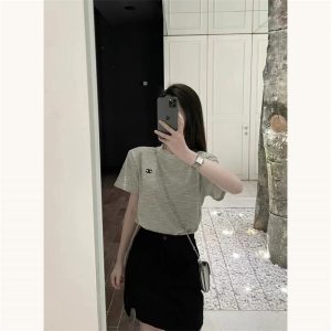 Replica Designer Chanel Women Fashion Casual Shoulder Pad T-Shirt Round Neck Short-Sleeved T-shirt