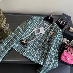 Replica Designer Chanel Women Fashion Catwalk Green Tweed Wool Coat Double-Breasted Coat