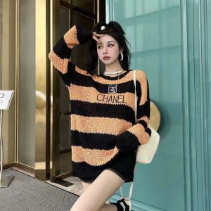 Replica Designer Chanel Women Fashion Chest Embroidered Double C Letters Square Contrast Color Knitted Sweater