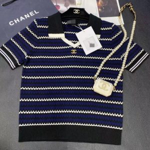 Replica Designer Chanel Women Fashion Contrast Color Stripe Double C Knitted Short-Sleeved Top