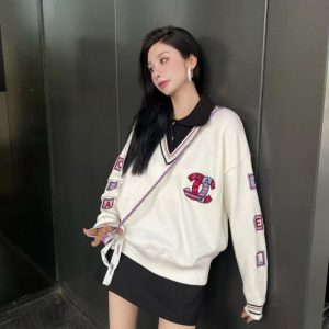 Replica Designer Chanel Women Fashion Contrast Color V-Neck Multicolor Double C Embroidery Knitted Pullover Sweater