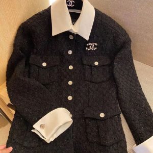 Replica Designer Chanel Women Fashion Double C Contrast Color Lapel Tweed Jacket
