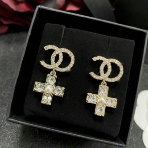 Replica Designer Chanel Women Fashion Double C Fashion Diamond Cross Pearl Rhinestone Earrings