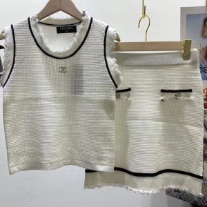 Replica Designer Chanel Women Fashion Double C Knitted Round Neck Sleeveless Two-Piece Set
