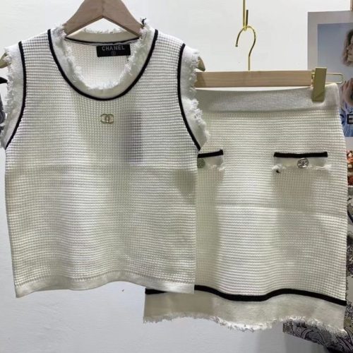 Replica Designer Chanel Women Fashion Double C Knitted Round Neck Sleeveless Two-Piece Set