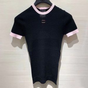 Replica Designer Chanel Women Fashion Double C Letter Embroidery Short-Sleeved Knitted Sweater