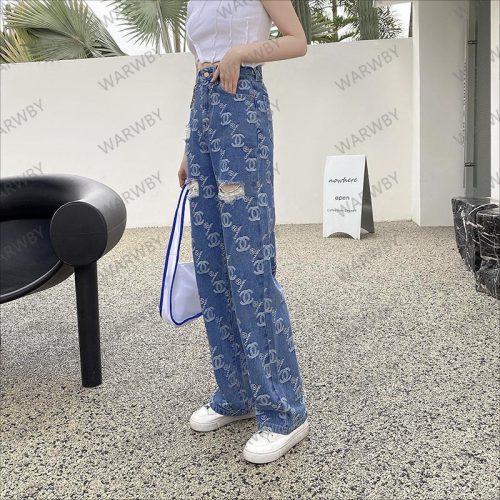 Replica Designer Chanel Women Fashion Double C Letters High Waist Jeans