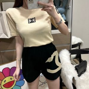 Replica Designer Chanel Women Fashion Double C Letters Knitted Top And Short 2PCS Suit