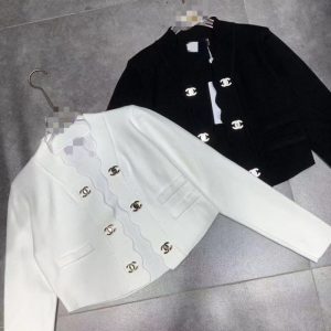 Replica Designer Chanel Women Fashion Double C Letters Metal Double Breasted Wave Collar Knitted Cardigan