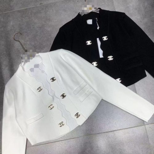 Replica Designer Chanel Women Fashion Double C Letters Metal Double Breasted Wave Collar Knitted Cardigan