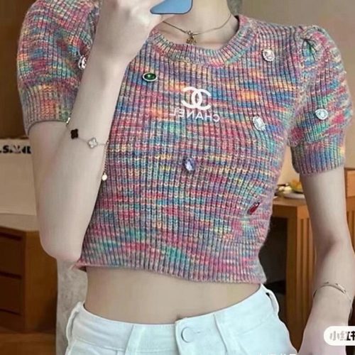 Replica Designer Chanel Women Fashion Double C Letters Multicolor Rhinestones Sweater