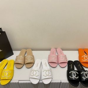 Replica Designer Chanel Women Fashion Double C Letters Pearl Flat Slippers