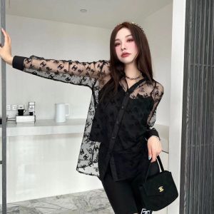 Replica Designer Chanel Women Fashion Double C Letters Printing Transparent Sunscreen Shirt