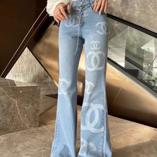 Replica Designer Chanel Women Fashion Double C Letters Printing Waist Chain Jeans
