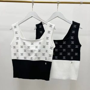Replica Designer Chanel Women Fashion Double C Letters Rhinestone Knitted Camisole