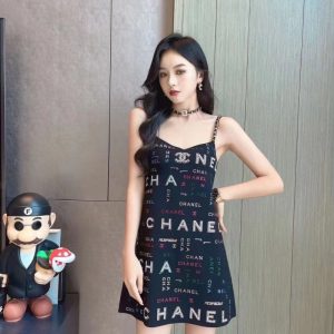 Replica Designer Chanel Women Fashion Double C Letters Rhinestones Knitted Dress