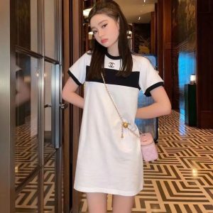 Replica Designer Chanel Women Fashion Double C Letters Stitching Embroidery Dress