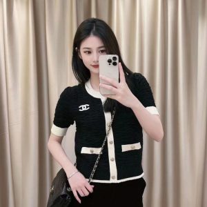 Replica Designer Chanel Women Fashion Double C Letters Stitching Embroidery Knitted Cardigan