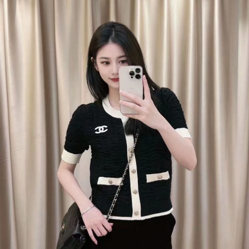 Replica Designer Chanel Women Fashion Double C Letters Stitching Embroidery Knitted Cardigan