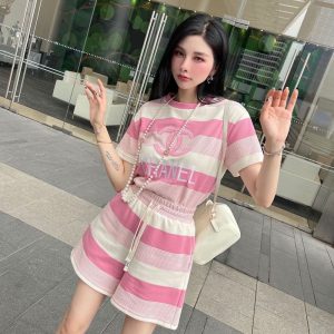 Replica Designer Chanel Women Fashion Double C Letters Stripe Short-Sleeved T-Shirt Shorts Two-Piece Set