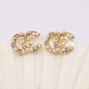 Replica Designer Chanel Women Fashion Double C Pearl Inlaid Zircon Geometric Earrings