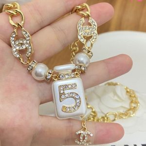 Replica Designer Chanel Women Fashion Double C Pearl Rhinestone Necklace