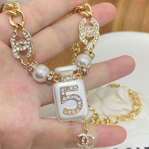 Replica Designer Chanel Women Fashion Double C Pearl Rhinestone Necklace
