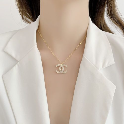 Replica Designer Chanel Women Fashion Double C Rhinestone Chain Necklace
