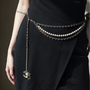 Replica Designer Chanel Women Fashion Double C Rhinestone Three-Layer Pearl Belt