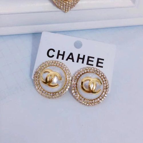 Replica Designer Chanel Women Fashion Double C Round Rhinestone Earrings